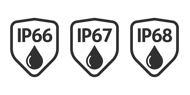ip68 ip67 ip66 icono agua resistente proteccion escudo defensa gráfico pictograma humedad mojado guardia
