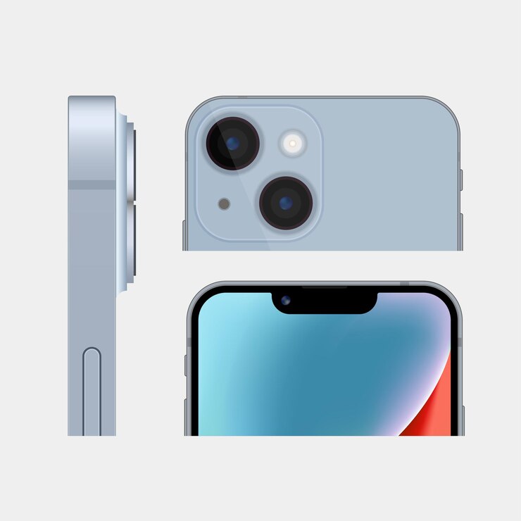 Vector iphone 14 y iphone 14 plus en color azul pantalla táctil tecnología mundial