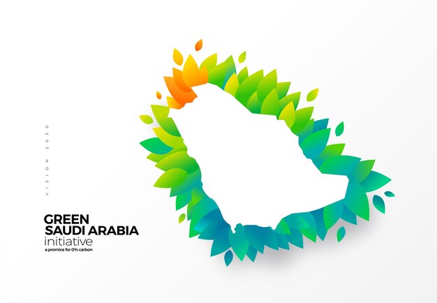 Ir a la iniciativa de eliminación de carbono verde diseño gráfico Arabia Saudita mapa con hojas verdes