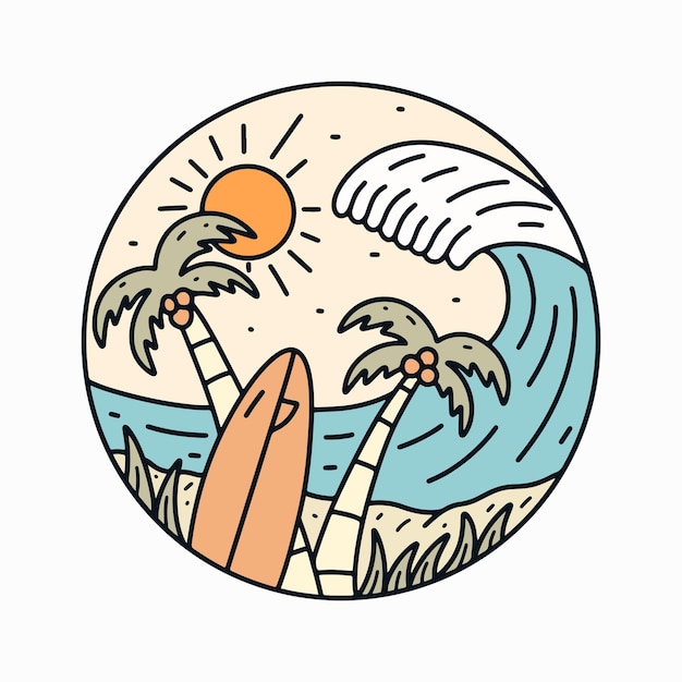 Ir a surfear en el tiempo de verano arte de línea mono para el diseño de camiseta insignia pegatina etc