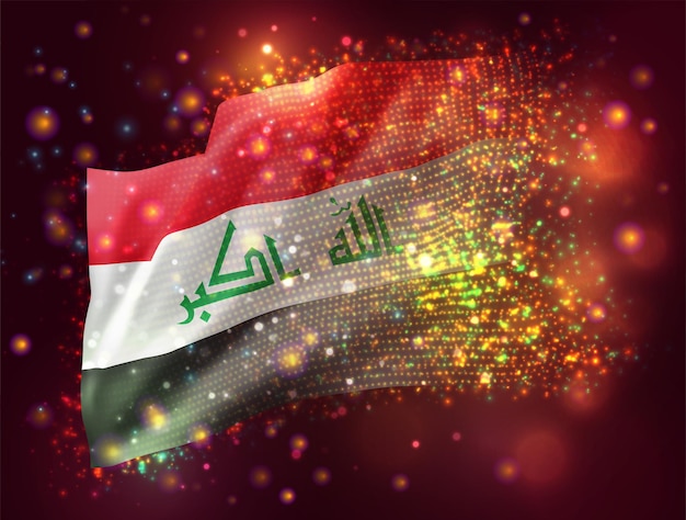 Irak, vector bandera 3d sobre fondo rosa púrpura con iluminación y bengalas