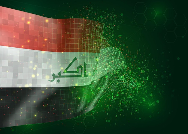 Irak, en vector bandera 3d sobre fondo verde con polígonos y números de datos