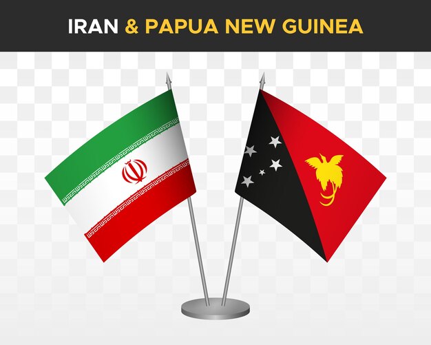 Irán vs papúa nueva guinea escritorio banderas maqueta aislado 3d vector ilustración mesa banderas