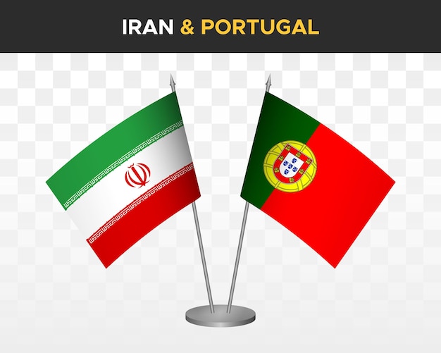 Irán vs portugal escritorio banderas maqueta aislado 3d vector ilustración mesa banderas