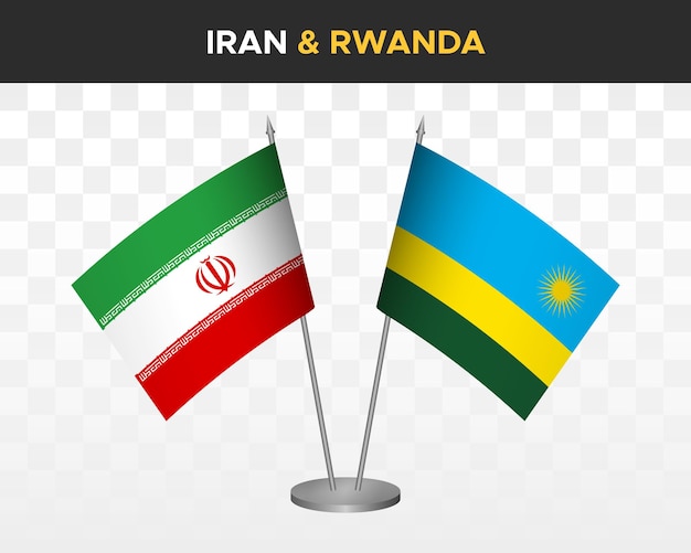 Irán vs ruanda escritorio banderas maqueta aislado 3d vector ilustración mesa banderas