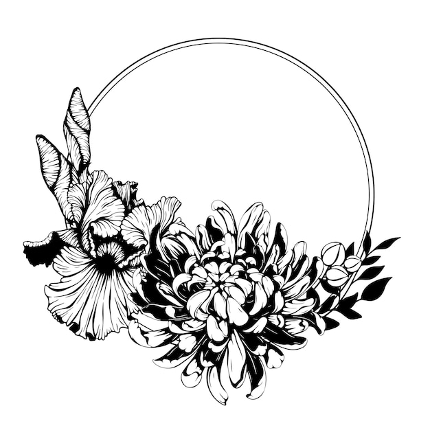 Iris anémona crisantemo flor corona de forma redonda Vector flores y hojas borde de ramo