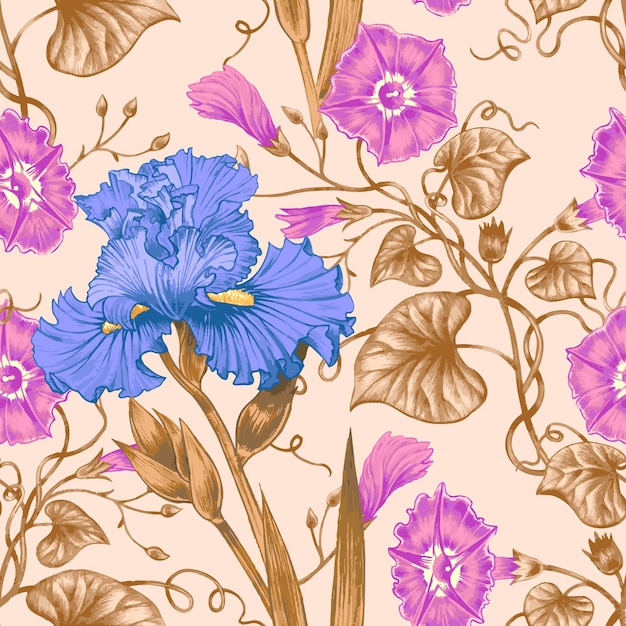 Iris y bindweed vector seamless pattern design para textiles papel tapiz estilo vintage