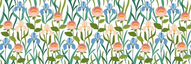 Iris con patrón floral de moda y otras flores y hojas de primavera en fondo blanco impresión floral