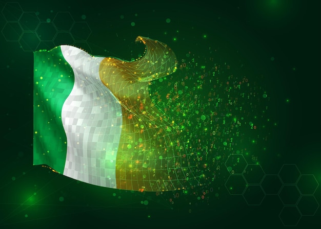 Irlanda en vector 3d bandera sobre fondo verde con polígonos y números de datos
