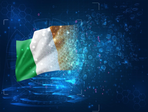 Irlanda, vector bandera 3d sobre fondo azul con interfaces hud