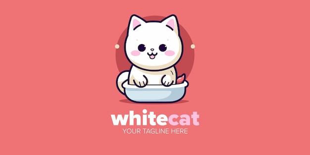 Irresistible Ilustración Caricatura Kawaii Gato Blanco Logo para Marcas Tienda de Mascotas Juguetes Comida y Más