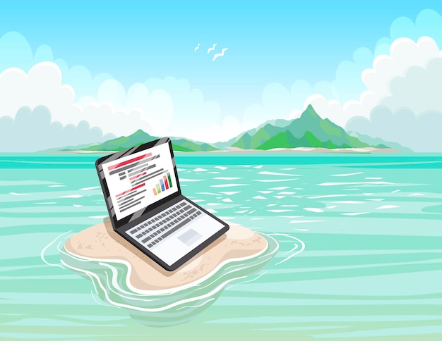 Vector isla arenosa con una computadora portátil en un día soleado concepto de freelance o blogueo trabajar con placer