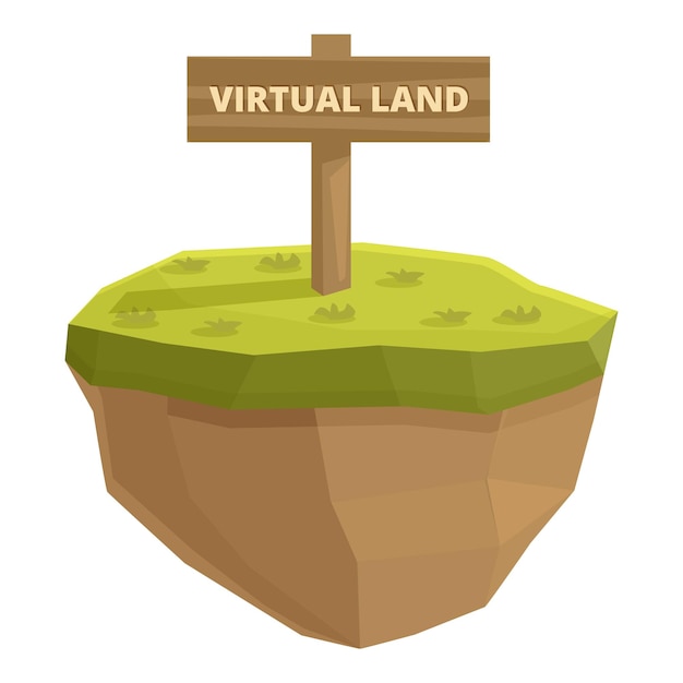 Isla flotante al estilo de dibujos animados con un letrero de tierra virtual que representa bienes raíces digitales