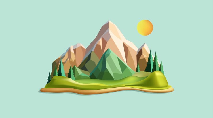Vector isla flotante montaña con bosque paisaje poli 3d renderizar ilustración composición del mundo virtual