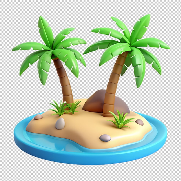 Isla isométrica con playa de arena y palmeras íconos 3D aislados