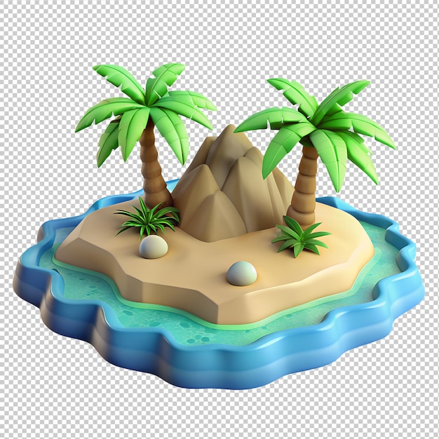 Isla isométrica con playa de arena y palmeras íconos 3D aislados