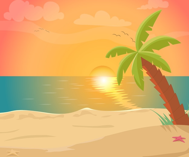 Vector isla de mar tropical con palmeras y sol