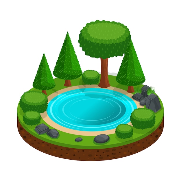 Isla con un pequeño lago de bosque, árboles, paisaje para crear juegos gráficos. base colorida para acampar