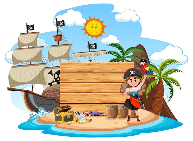 Vector isla pirata con un banner vacío aislado sobre fondo blanco.