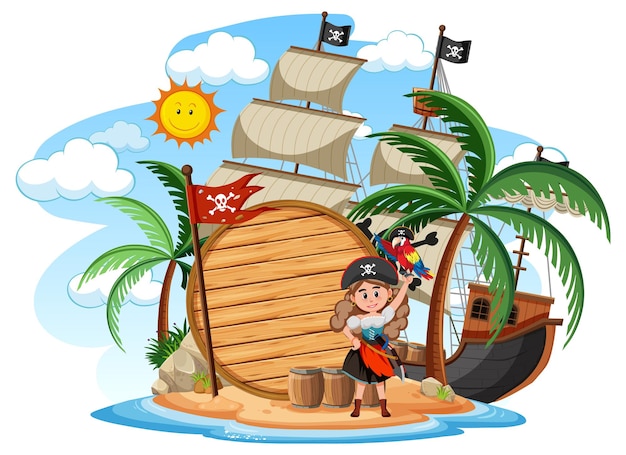 Vector isla pirata con un banner vacío aislado sobre fondo blanco.