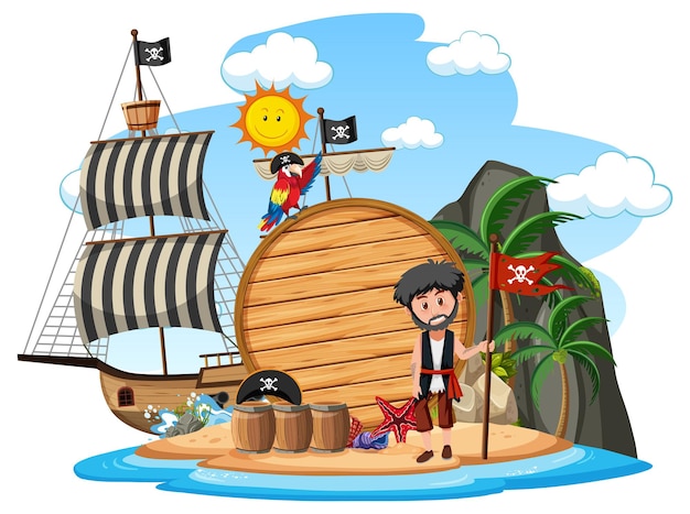 Vector isla pirata con un banner vacío aislado sobre fondo blanco.