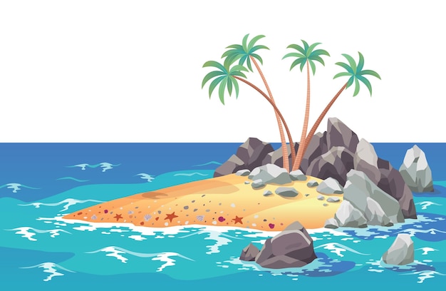 isla pirata del océano en estilo de dibujos animados. palmeras en la isla deshabitada del mar. paisaje tropical