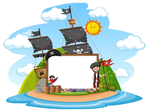 Vector isla pirata con plantilla de banner en blanco aislado