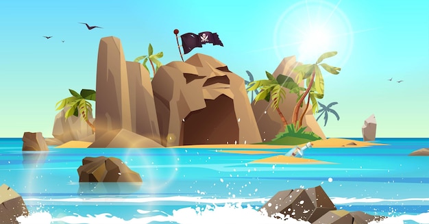 Isla rocosa en forma de calavera con bandera pirata y palmeras en el océano.