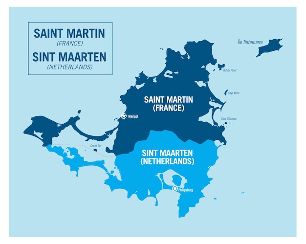 Isla de Saint Martin Francia Isla de Sint Maarten Países Bajos Mapa vectorial político detallado