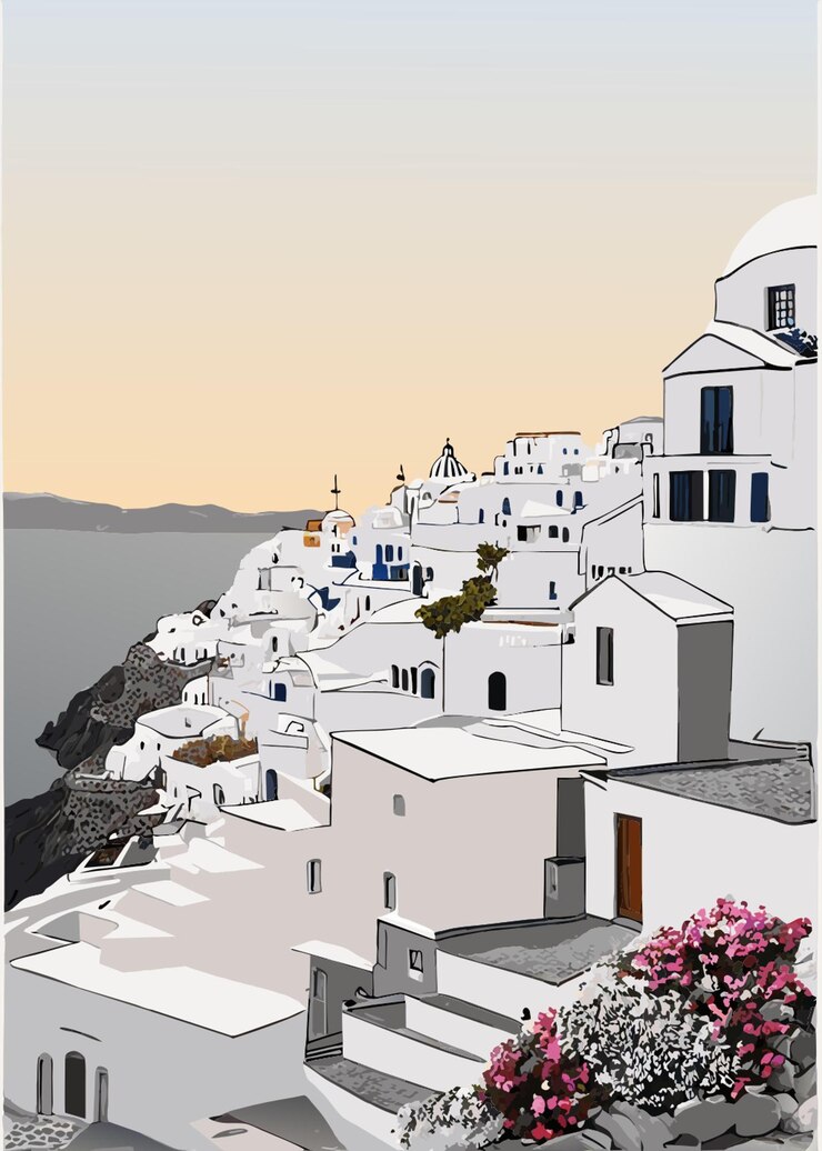 Vector isla de santorini con casas dibujada a mano boceto acuarela de la ladera del mar vector de puesta de sol