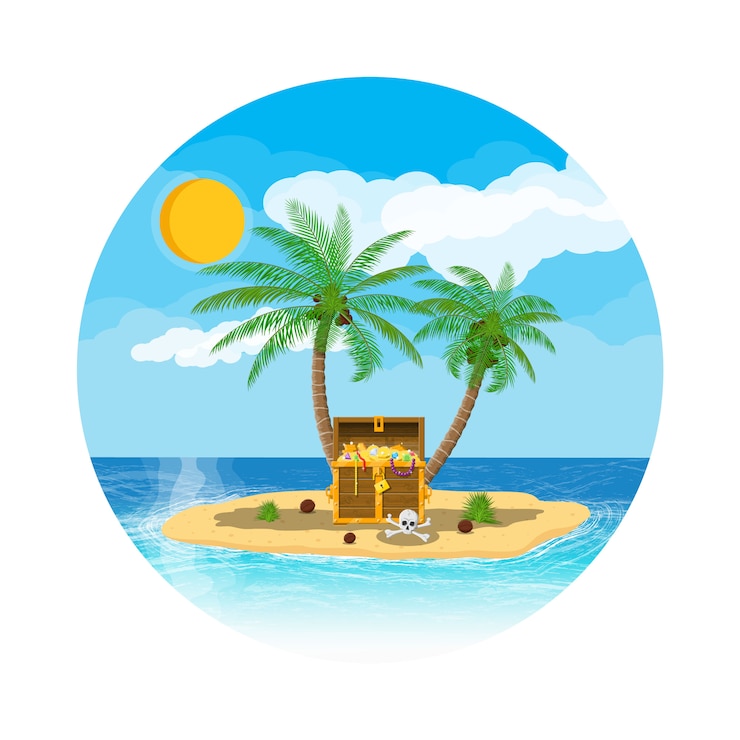 Vector isla del tesoro de los piratas con cofre