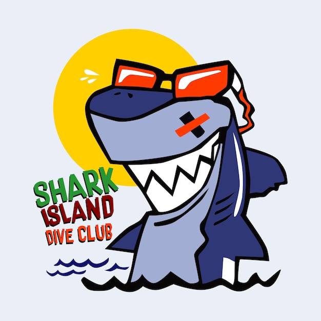 Isla de tiburones club de buceo diseño de dibujos animados ilustración vectorial para imprimir
