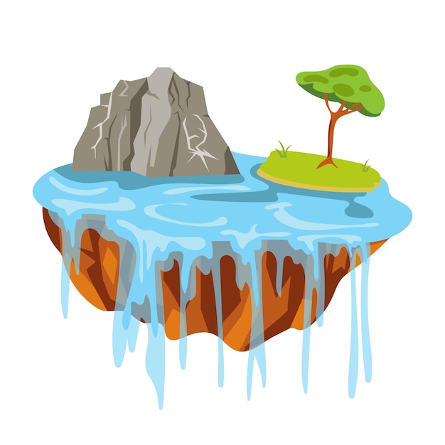 Isla de tierra voladora en diseño plano Plataforma nivelada con rocas Árbol derramando agua Ilustración vectorial aislada