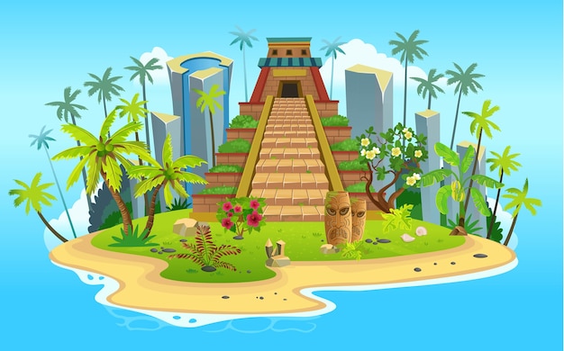 Isla tropical de dibujos animados con pirámide maya, palmeras. montañas, océano azul, flores y enredaderas.