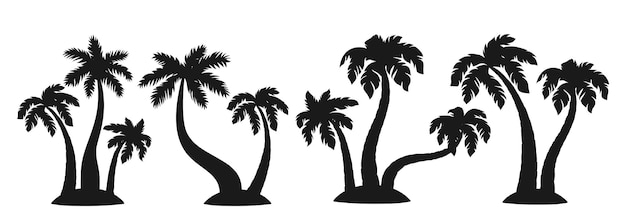 Isla tropical con palmeras, árboles silueta negra conjunto de dibujos animados