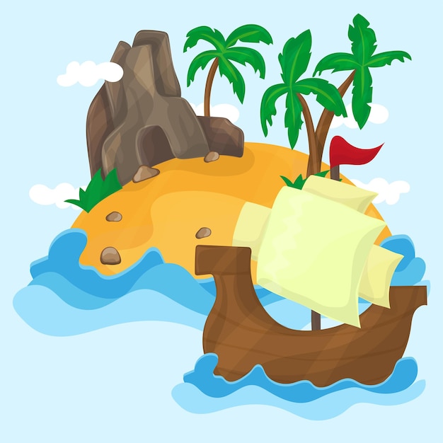 Vector isla tropical con palmeras y barco en el océano, ilustración.