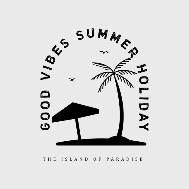 Isla tropical con palmeras y gaviotas Estilo de ilustración vectorial insignia temática de surf vintage