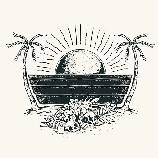 Isla tropical con palmeras sol y cráneo ilustración de vector dibujado a mano