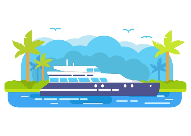 Isla tropical con palmeras y un yate de crucero Viaje marítimo de vacaciones de verano