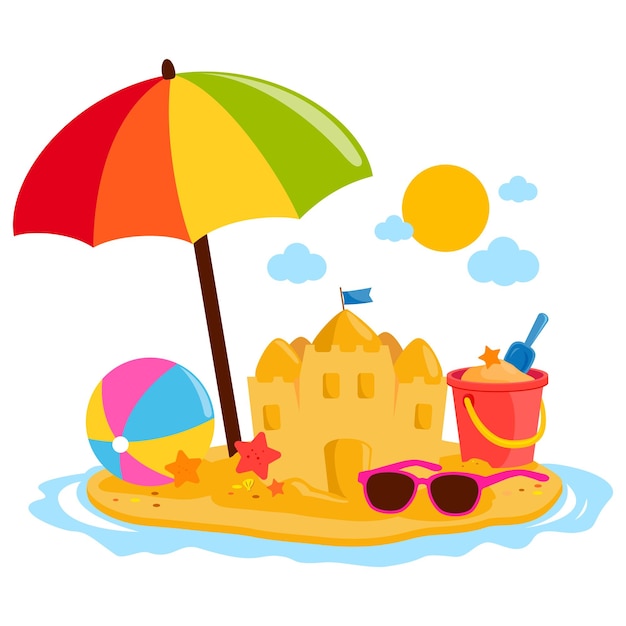 Isla de vacaciones de verano en la playa con una sombrilla de playa un castillo de arena y gafas de sol Ilustración vectorial