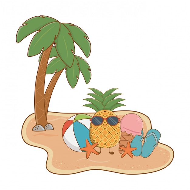 Isla de verano y playa con lindo personaje de piña