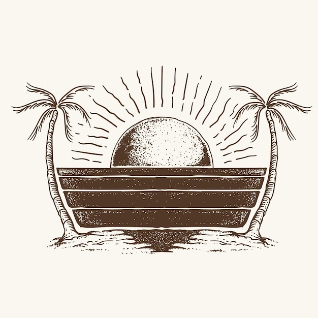 Vector isla vintage con palmeras y rayos de sol ilustración vectorial dibujada a mano