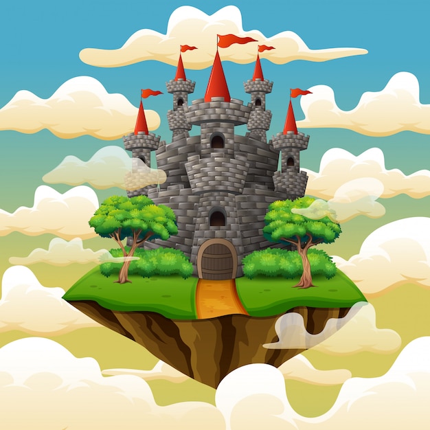 Isla voladora de fantasía con castillo de cuento de hadas en las nubes