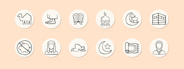 Islam establece el icono de la línea Religión fe Corán mezquita profeta musulmanes oración Sharia color de fondo pastel icono de línea vectorial para negocios y publicidad