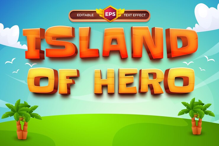 Vector island of hero juego aventura título 3d dibujos animados texto editable estilo de efecto