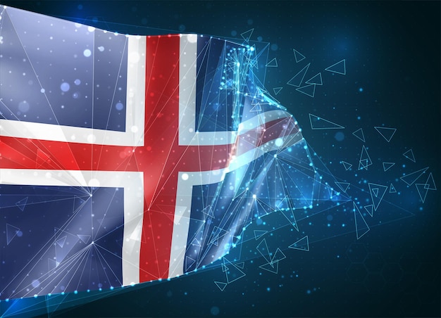 Islandia, bandera, objeto virtual abstracto en 3D de polígonos triangulares sobre un fondo azul.