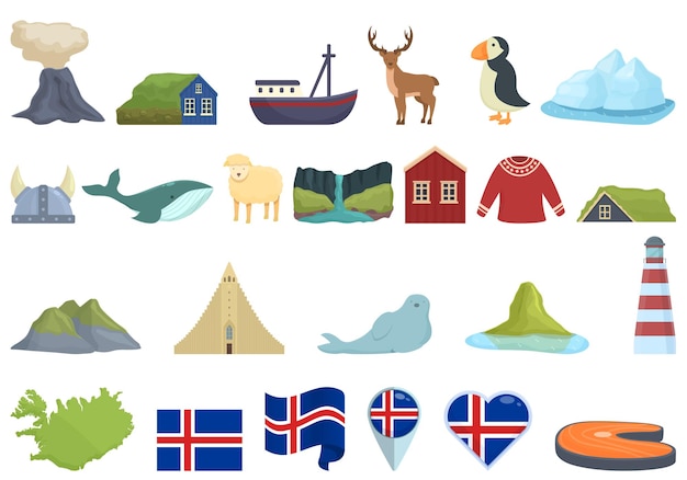 Islandia, iconos, conjunto, caricatura, vector, isla norte