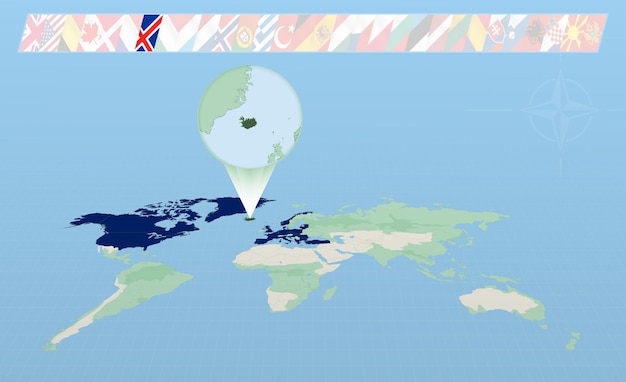 Islandia miembro de la Alianza del Atlántico Norte seleccionado en perspectiva Mapa mundial Banderas de 30 miembros de la alianza