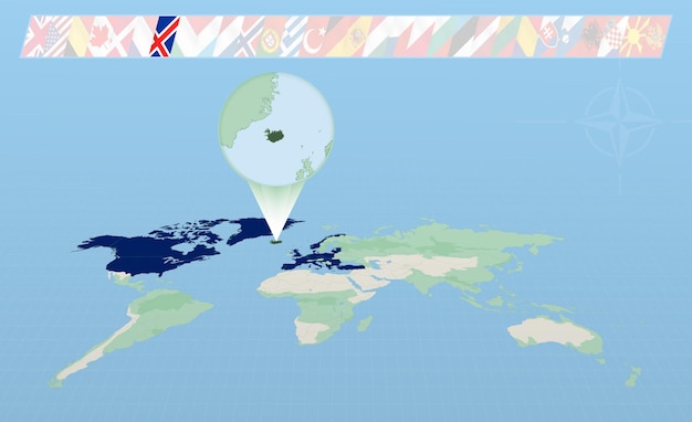 Vector islandia miembro de la alianza del atlántico norte seleccionado en perspectiva mapa mundial banderas de 30 miembros de la alianza