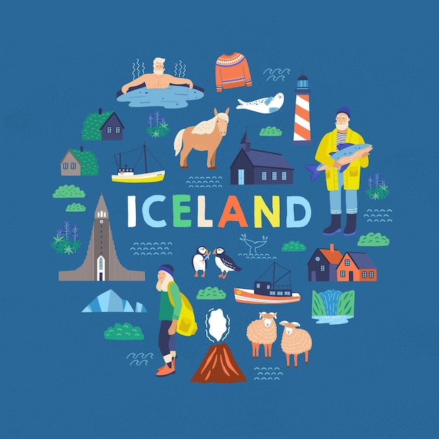 Vector islandia símbolos ilustraciones vectoriales planas. elemento de diseño decorativo de postal turística. composición tradicional isleña de personas, animales y monumentos nacionales con tipografía colorida.